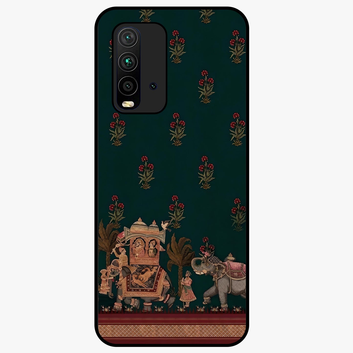 Macmerise Glass Case showing flat back view with stylish modern artwork and glossy glass finish.
