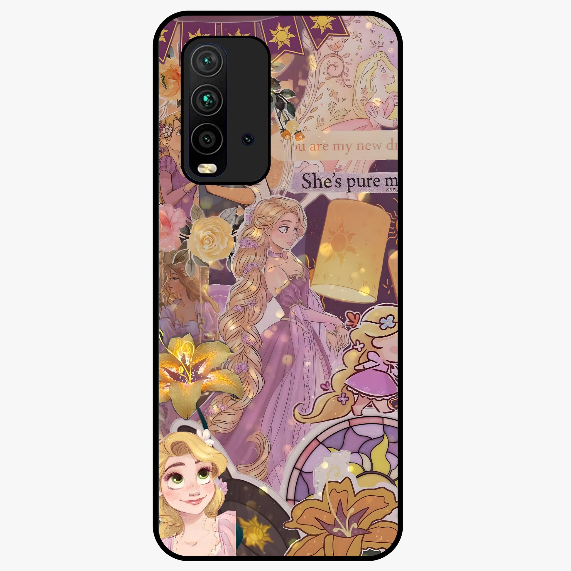 Magical Tangled Dream Glass Case showing flat back view with dreamy tangled artwork and glossy glass finish.