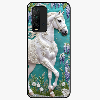 Majestic Floral Stallion Glass Case showing flat back view with powerful horse and floral artwork and glossy glass finish.