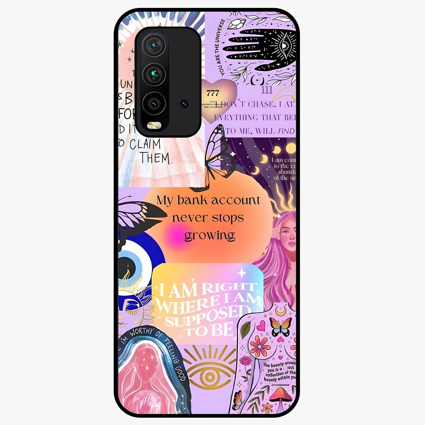 Manifestation Collage Glass Case showing flat back view with motivational collage artwork and glossy glass finish.