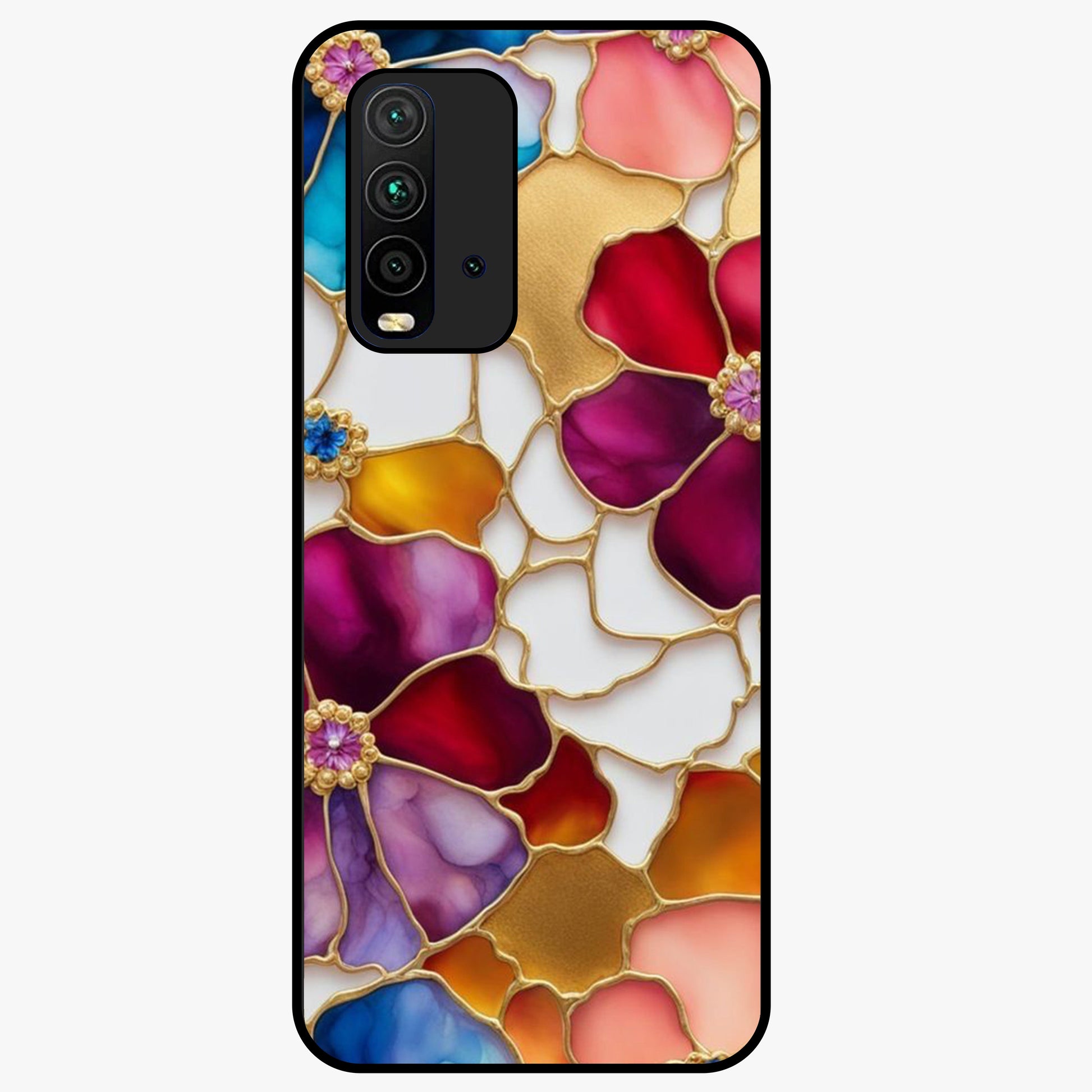 Marble Flower Pattern Glass Case showing flat back view with marble texture floral artwork and glossy glass finish.