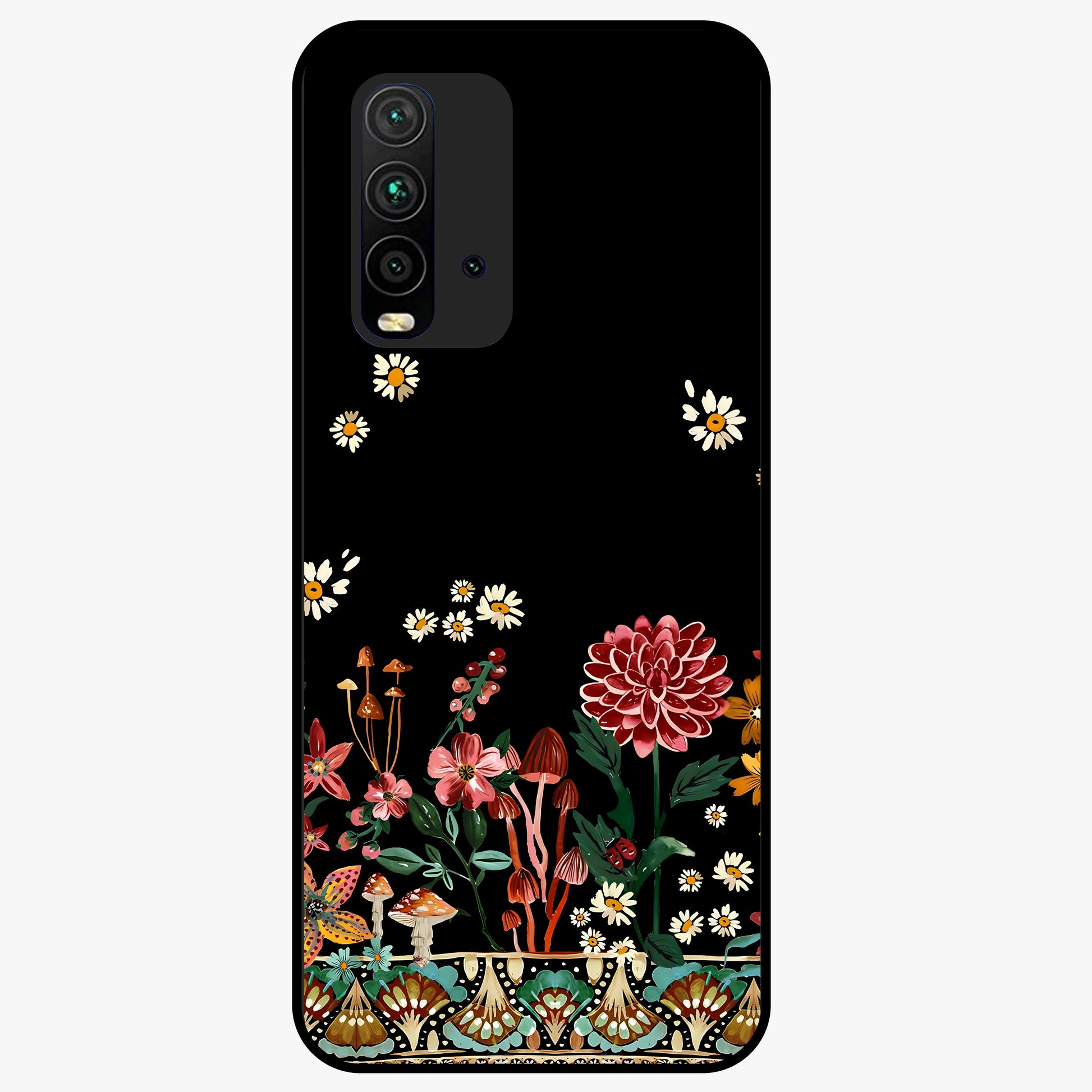 Midnight Bloom Pattern Glass Case showing flat back view with dark floral pattern artwork and glossy glass finish.