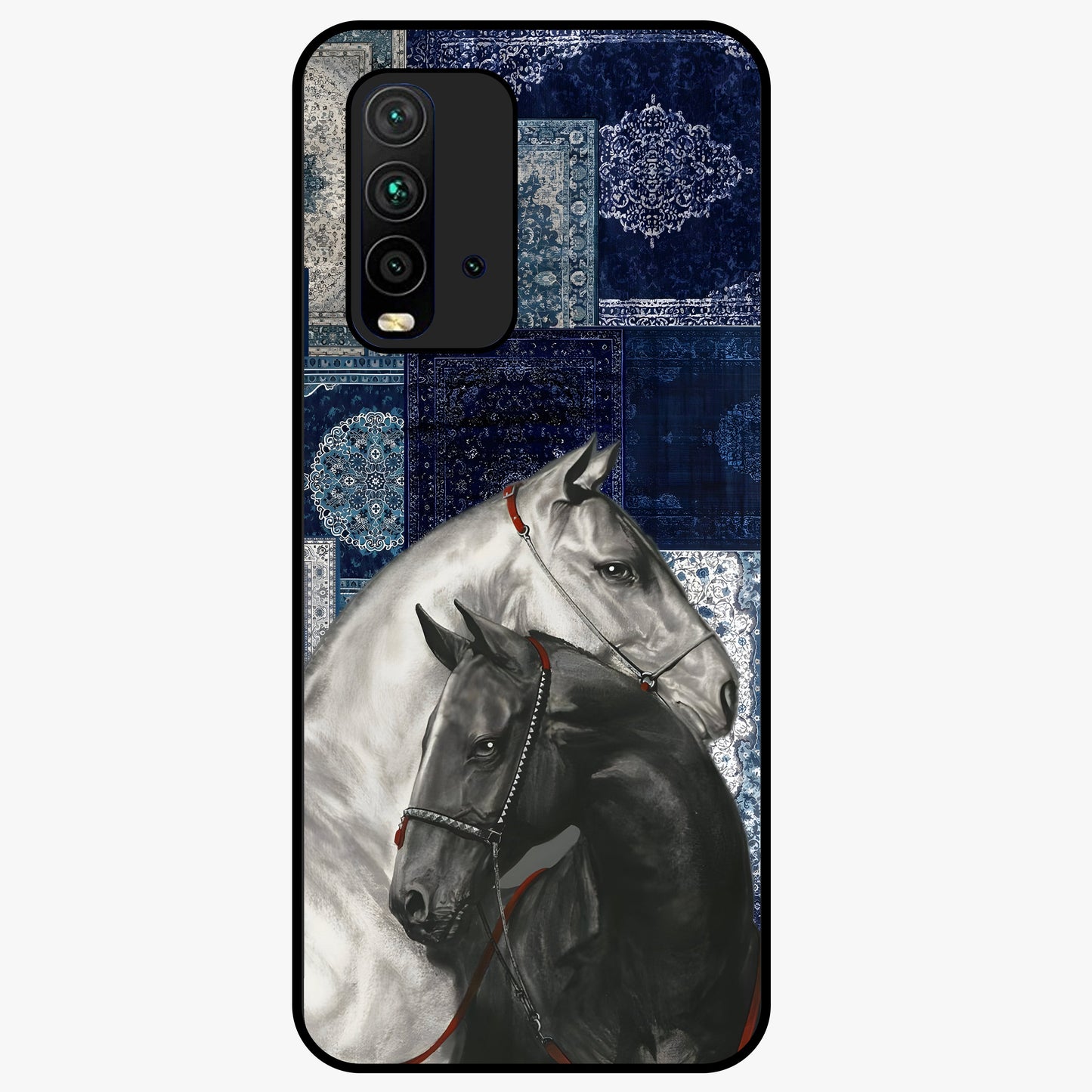 Midnight Stallion Blues Glass Case showing flat back view with majestic horse artwork and glossy glass finish.