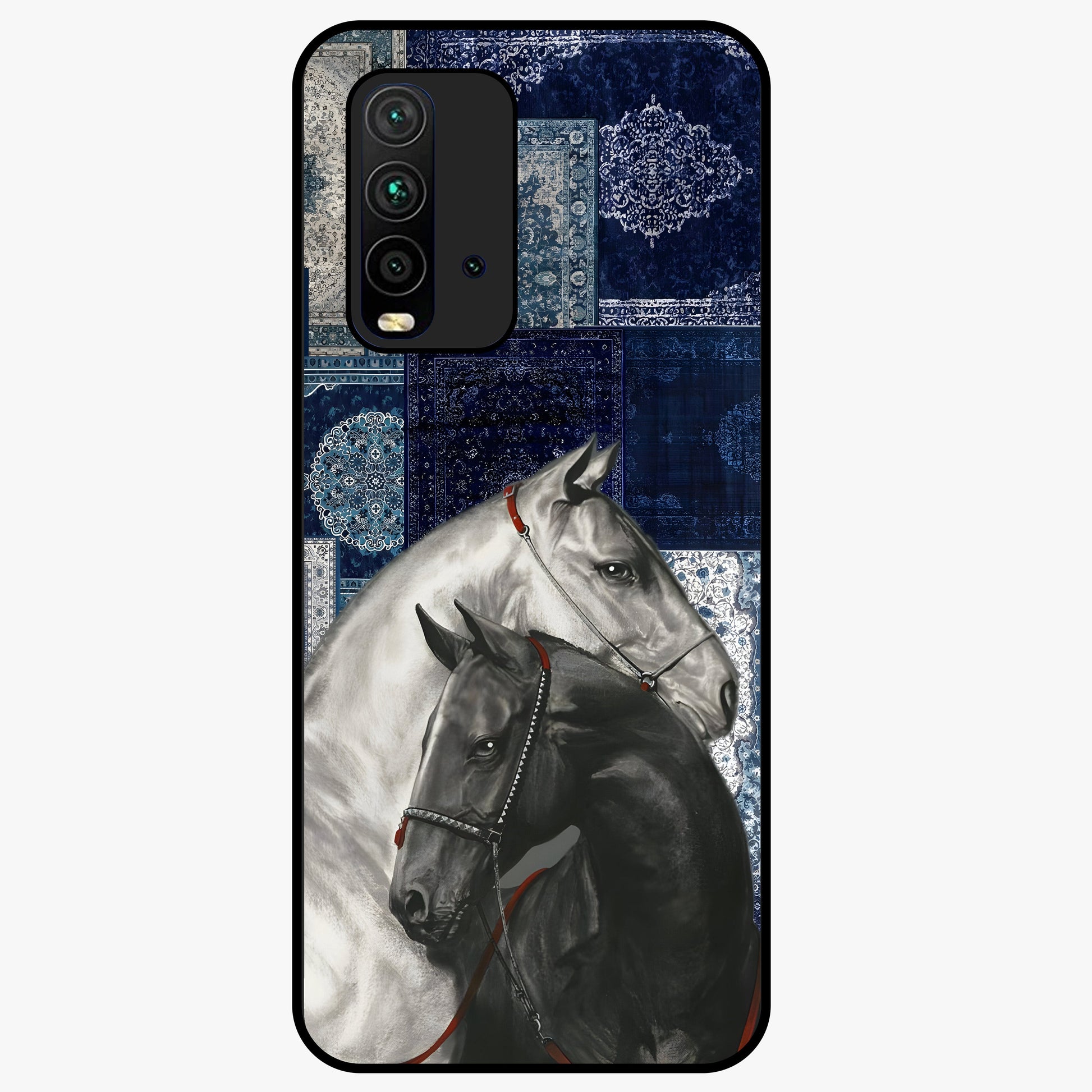 Midnight Stallion Blues Glass Case showing flat back view with majestic horse artwork and glossy glass finish.