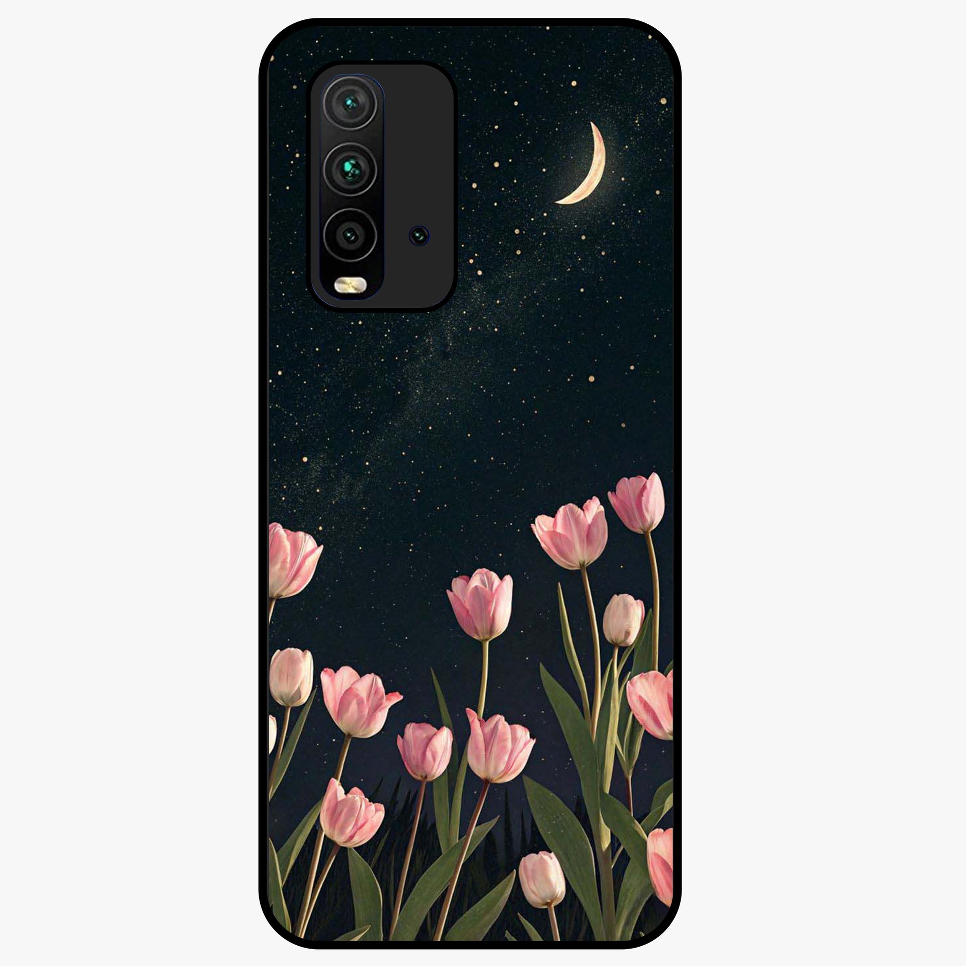 Midnight Tulip Whispers Vibe Glass Case showing flat back view with elegant tulip flower artwork and glossy glass finish.