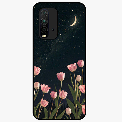 Midnight Tulip Whispers Vibe Glass Case showing flat back view with elegant tulip flower artwork and glossy glass finish.