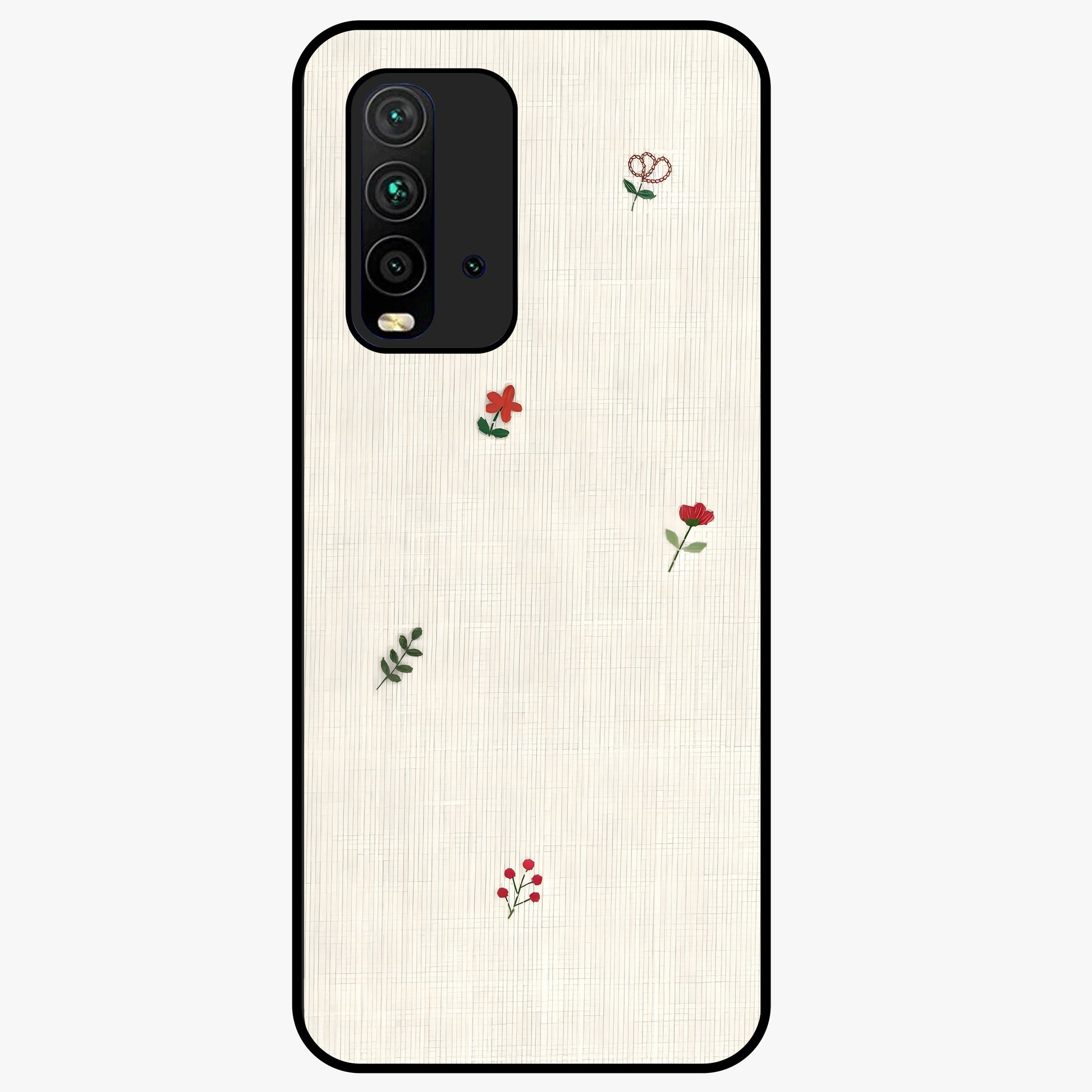 Minimal Petal Whispers Glass Case showing flat back view with soft minimal floral artwork and glossy glass finish.