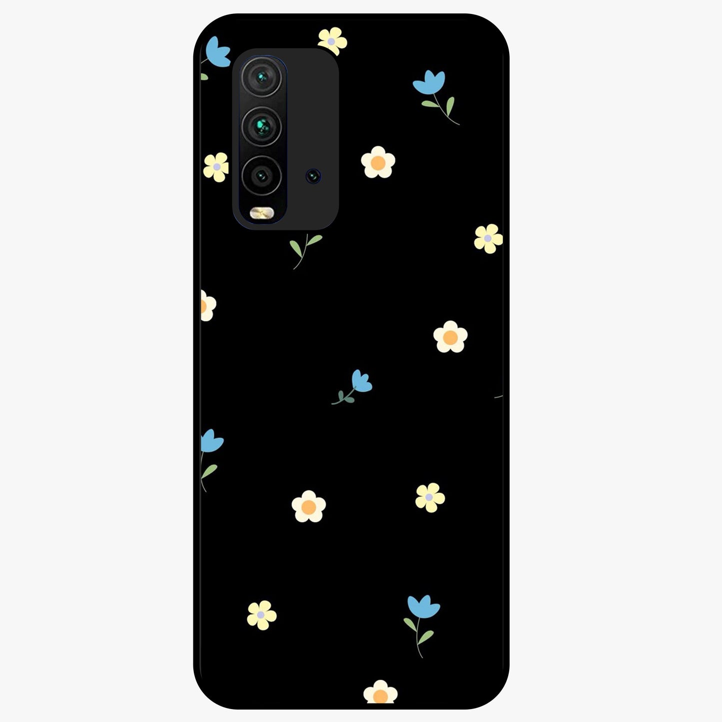 Minimalistic Blue With White Flower Pattern Glass Case showing flat back view with blue background and white flower pattern and glossy glass finish.