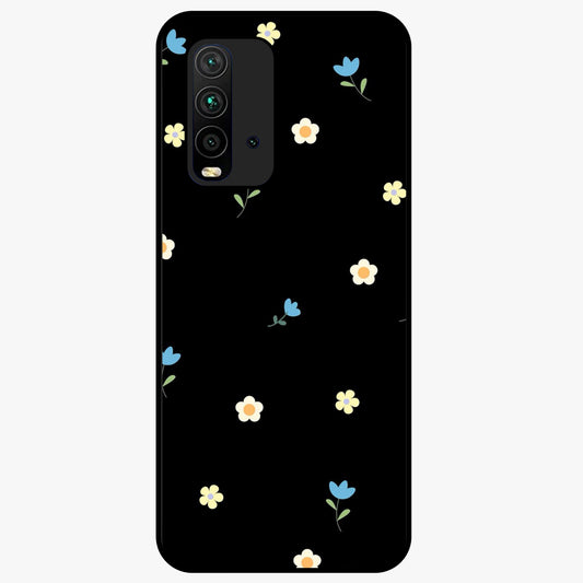 Minimalistic Blue With White Flower Pattern Glass Case showing flat back view with blue background and white flower pattern and glossy glass finish.