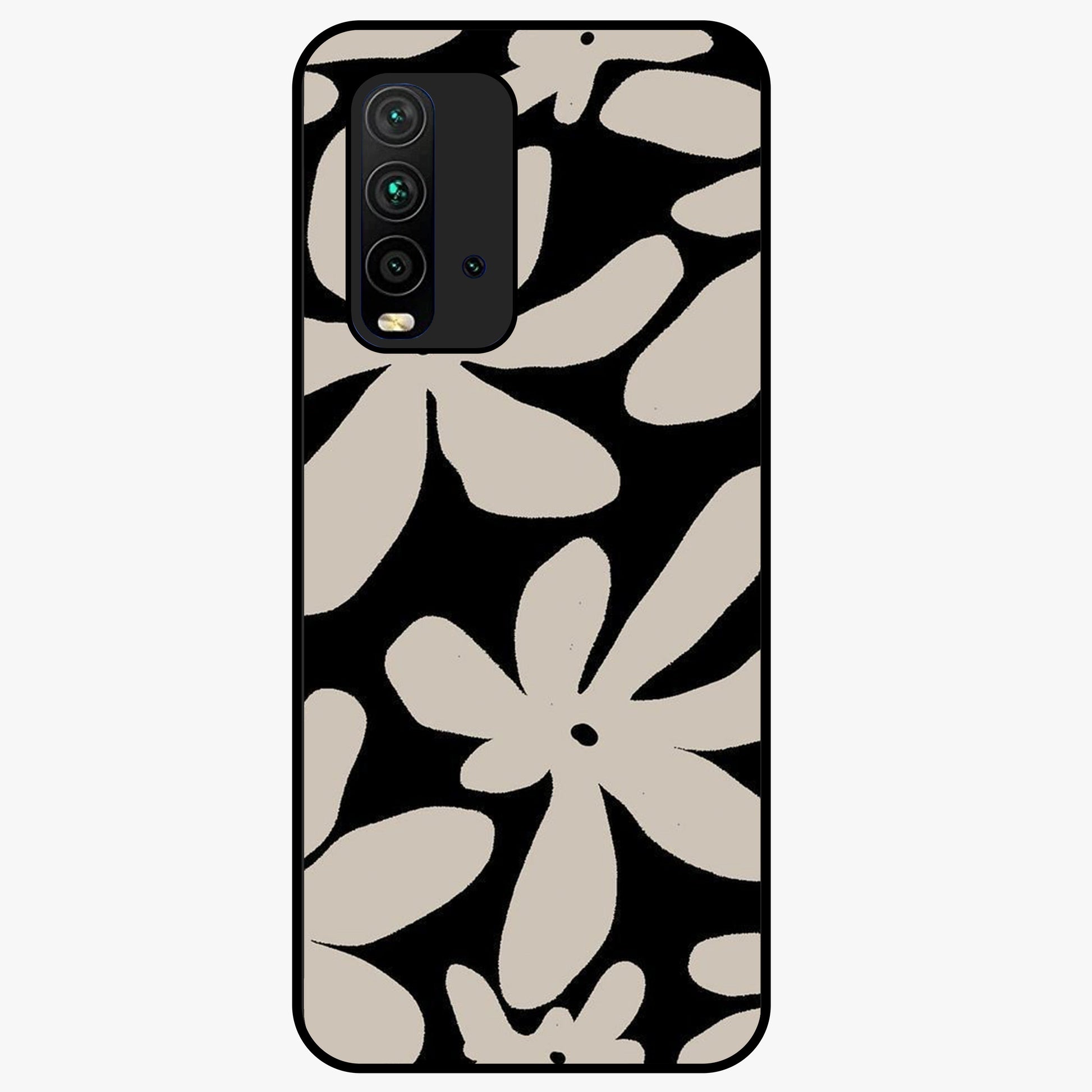 Monochrome Petal Dance Glass Case showing flat back view with monochrome floral artwork and glossy glass finish.