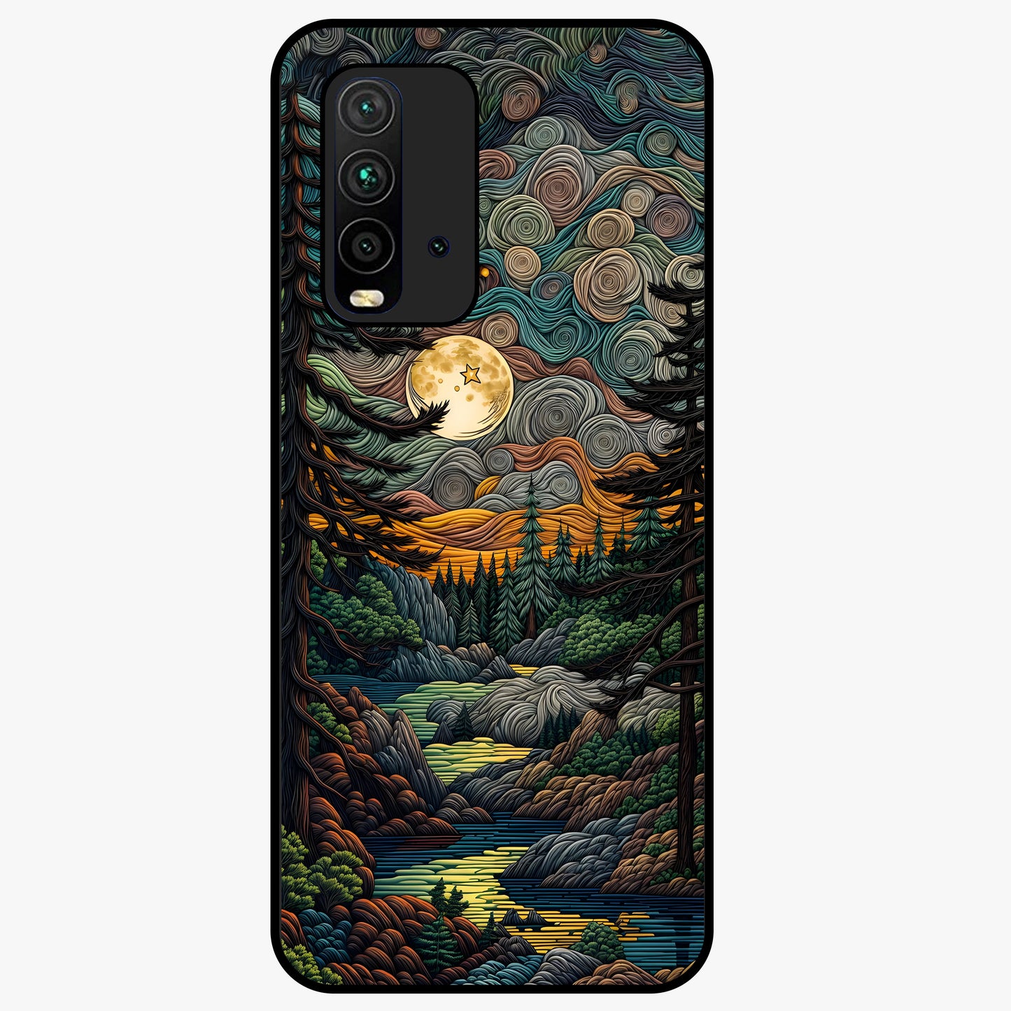 Moonlight Forest Dream Glass Case showing flat back view with mystical forest moonlight artwork and glossy glass finish.