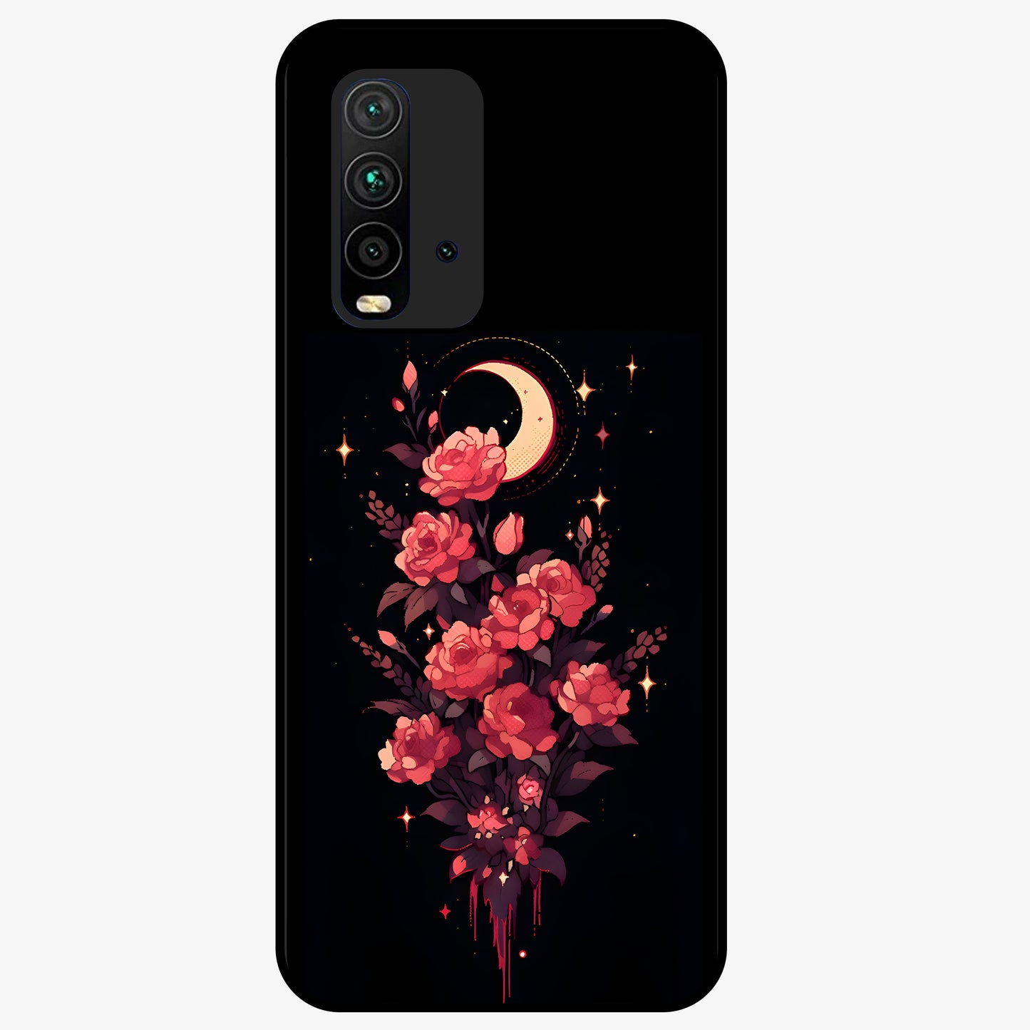 Moonlit Floral Elegance Glass Case showing flat back view with elegant floral artwork under moonlit tones and glossy glass finish.