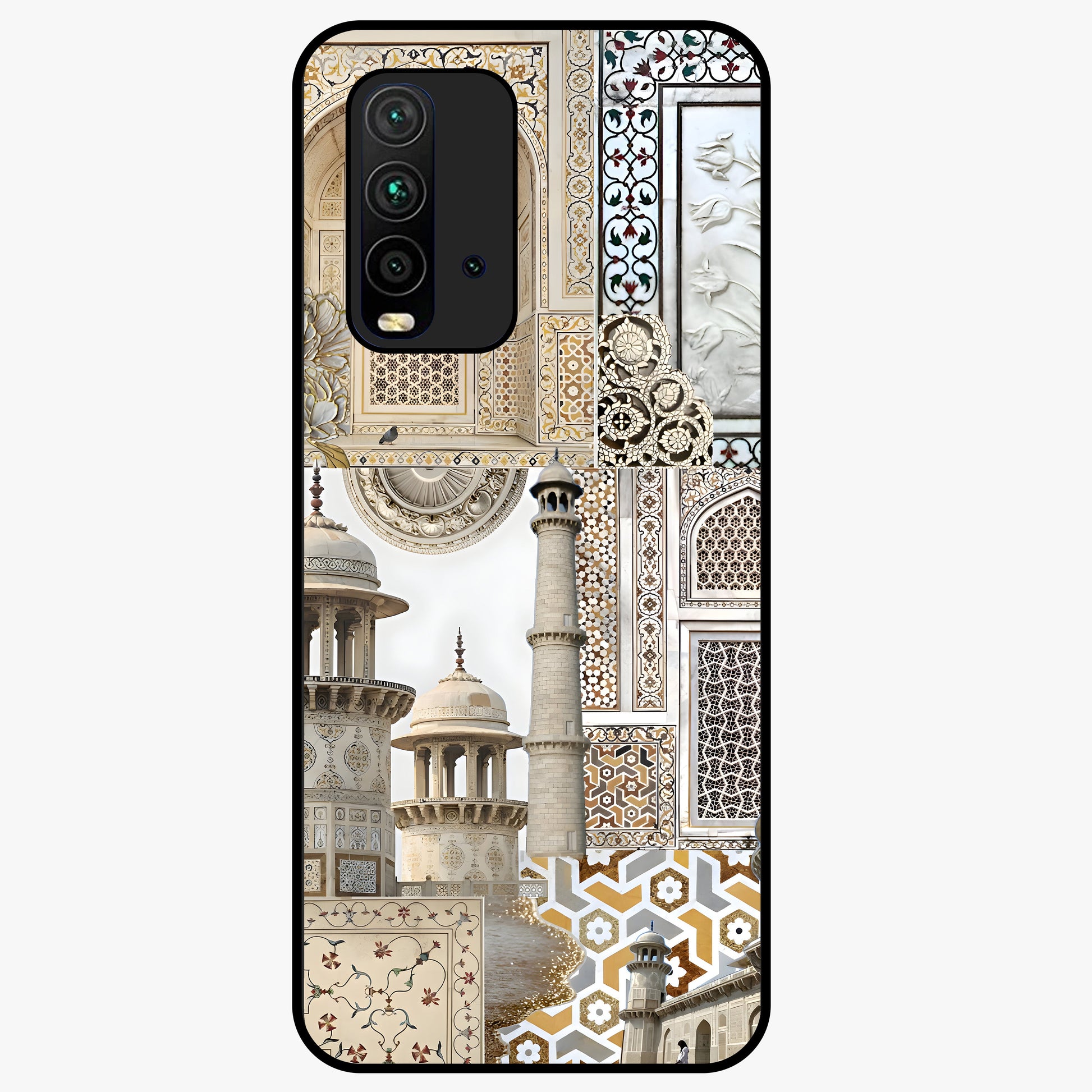 Mughal Marble Legacy Glass Case showing flat back view with intricate Mughal inspired marble pattern and glossy glass finish.