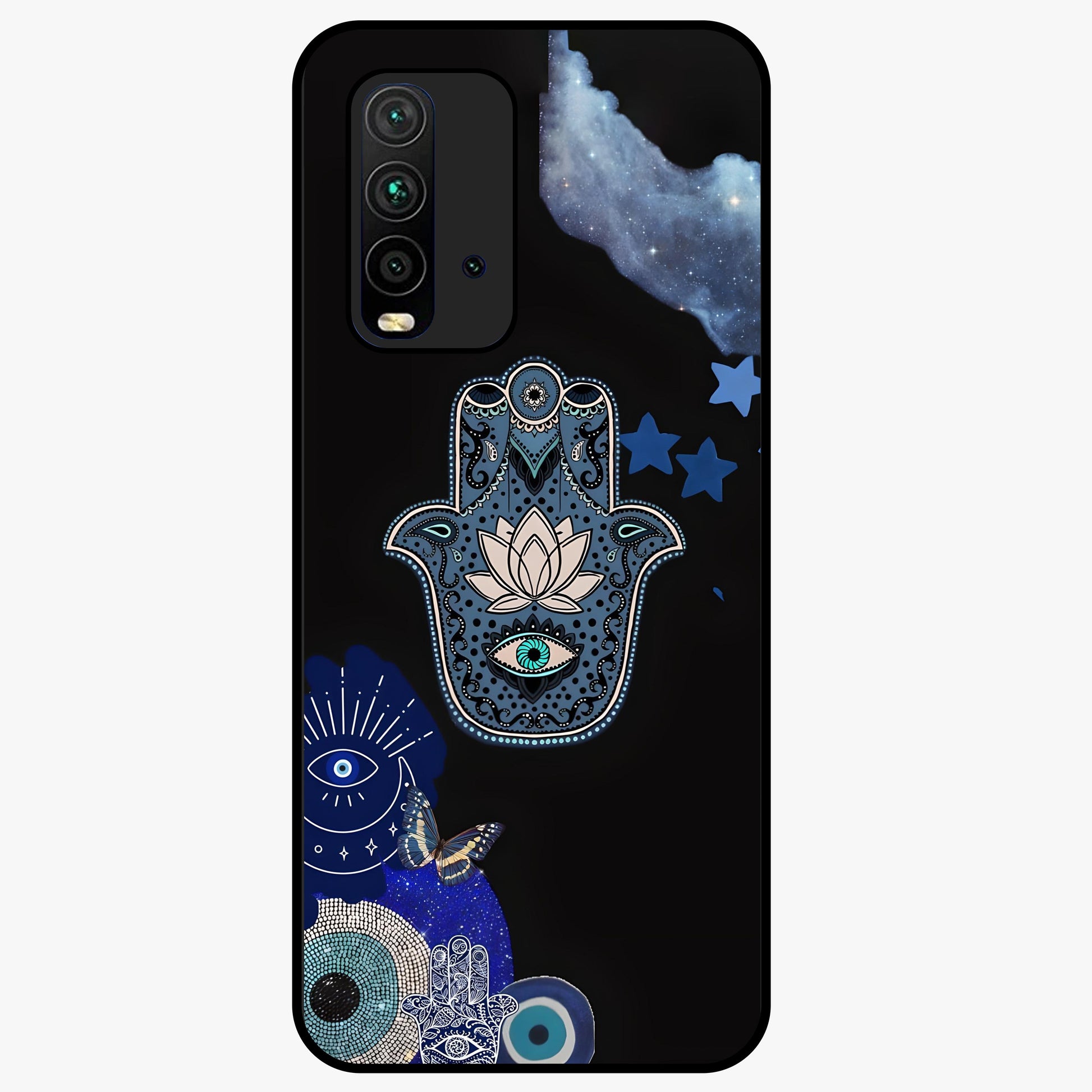 Mystic Hand Aura Glass Case showing flat back view with mystical hand symbol artwork and glossy glass finish.