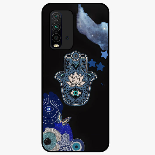 Mystic Hand Aura Glass Case showing flat back view with mystical hand symbol artwork and glossy glass finish.