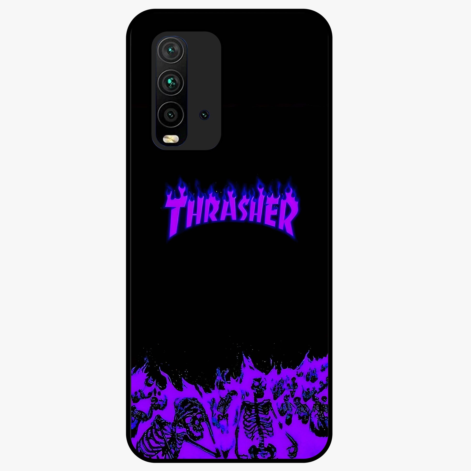 Neon Flame Riot Glass Case showing flat back view with neon flame artwork and glossy glass finish.