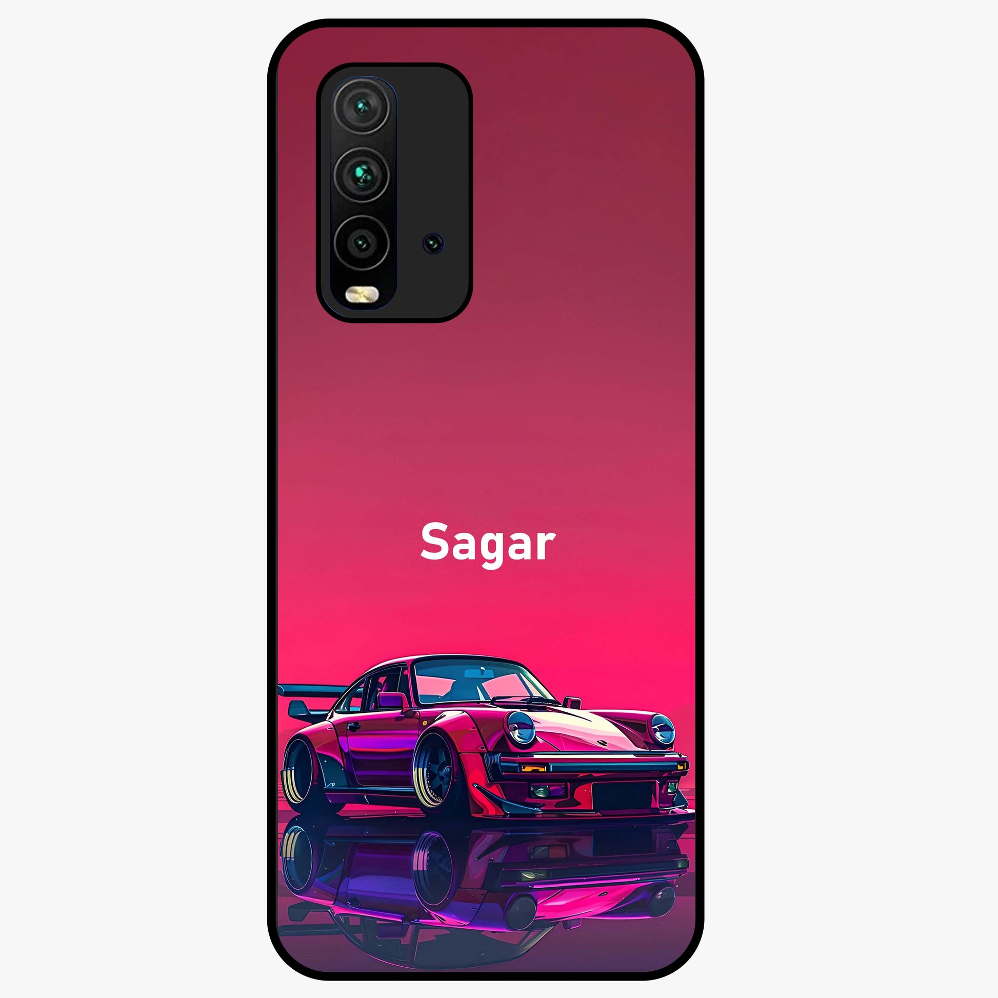 Neon Pink Porsche Glass Case showing flat back view with stylish sports car artwork and glossy glass finish.