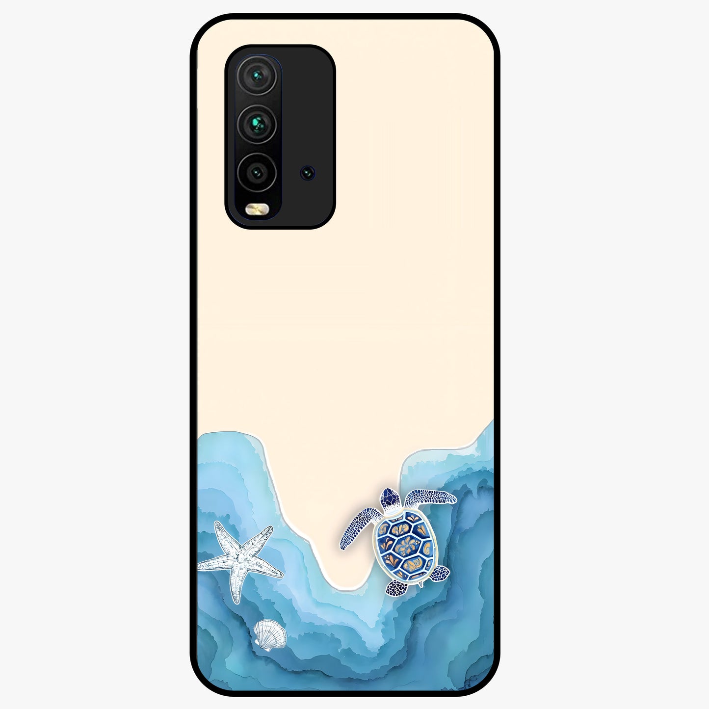 Ocean Drift Turtle Glass Case showing flat back view with sea turtle artwork and glossy glass finish.