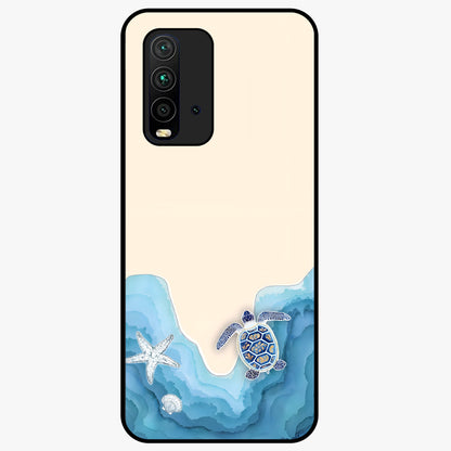Ocean Drift Turtle Glass Case showing flat back view with sea turtle artwork and glossy glass finish.