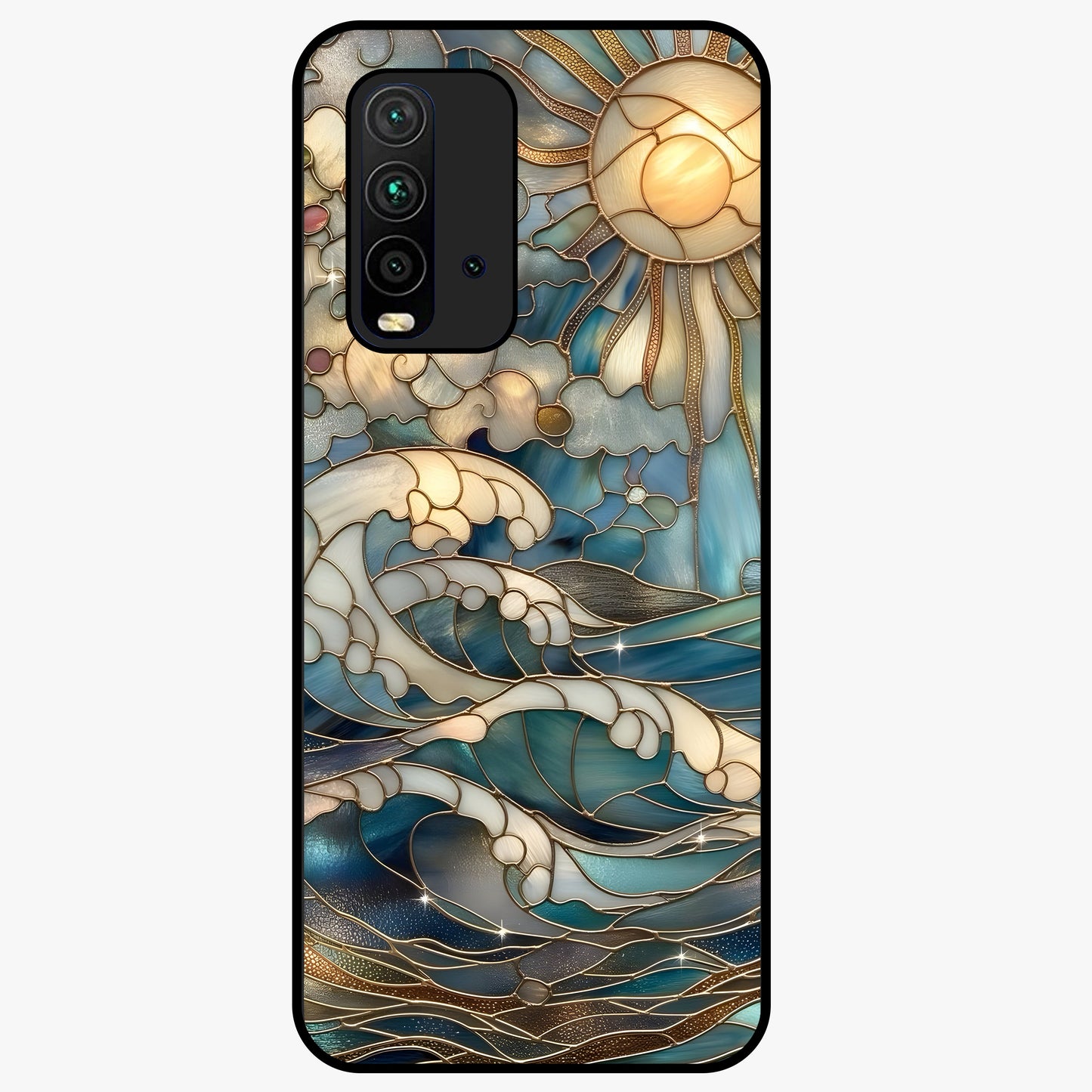 Oceanic Stained Printed Glass Case showing flat back view with ocean inspired stained pattern artwork and glossy glass finish.
