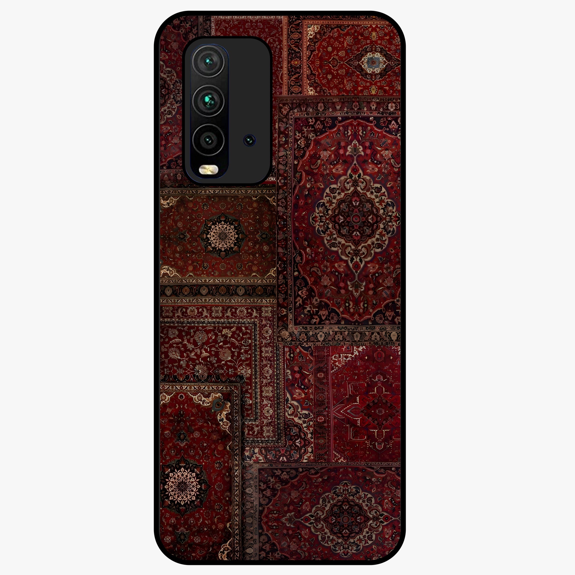 Persian Velvet Tale Glass Case showing flat back view with luxurious Persian velvet pattern artwork and glossy glass finish.