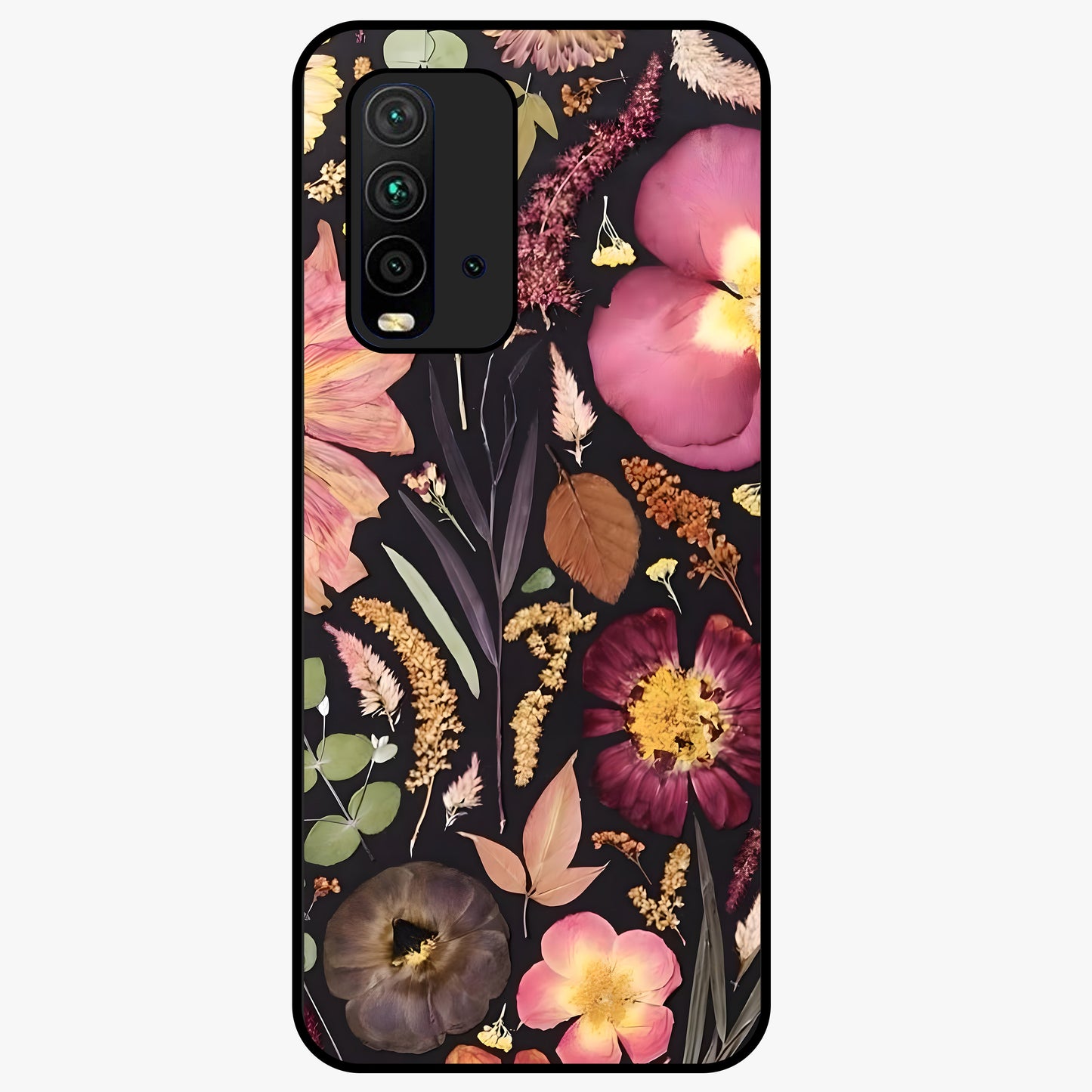 Petal Dream Tapestry Glass Case showing flat back view with intricate floral tapestry artwork and glossy glass finish.