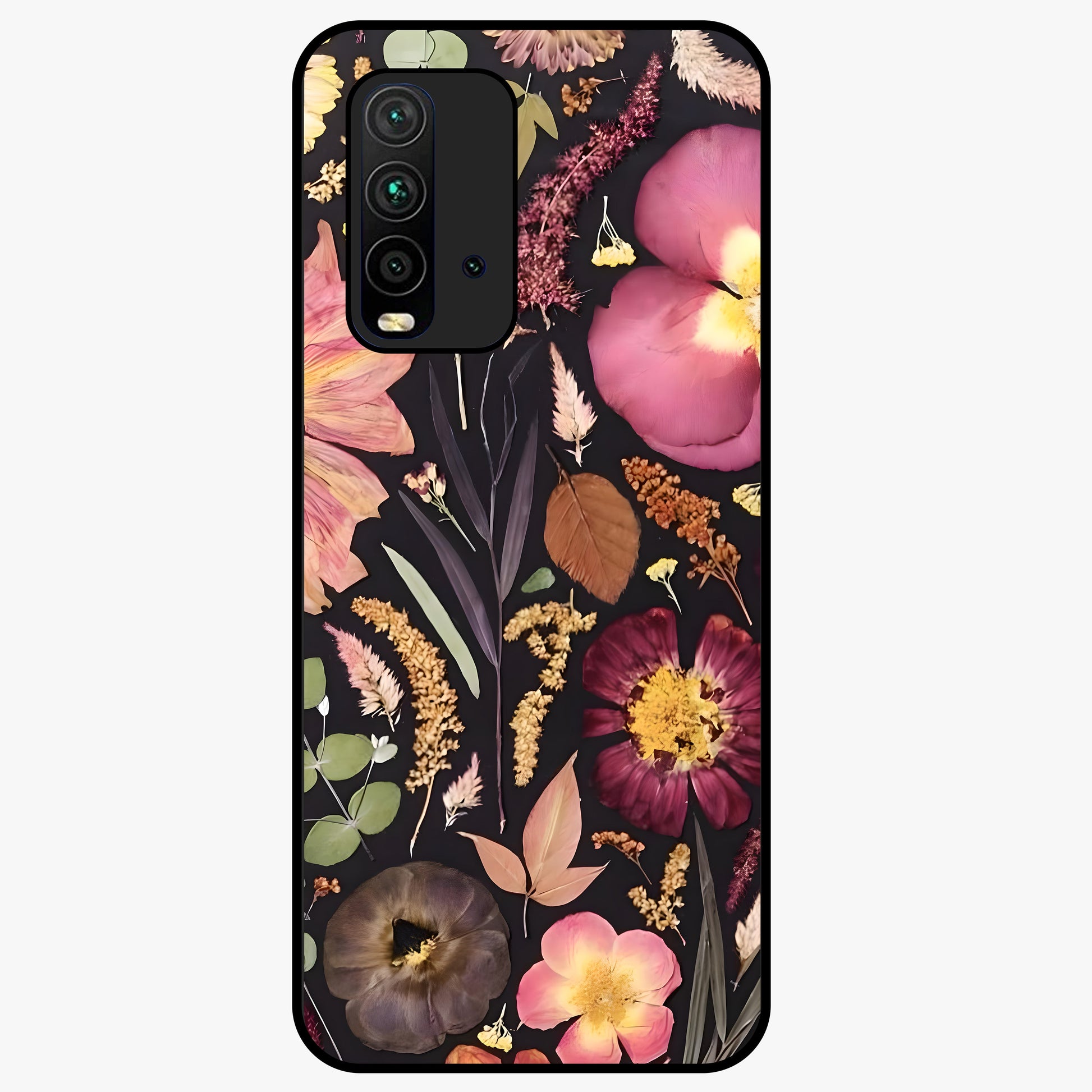 Petal Dream Tapestry Glass Case showing flat back view with intricate floral tapestry artwork and glossy glass finish.