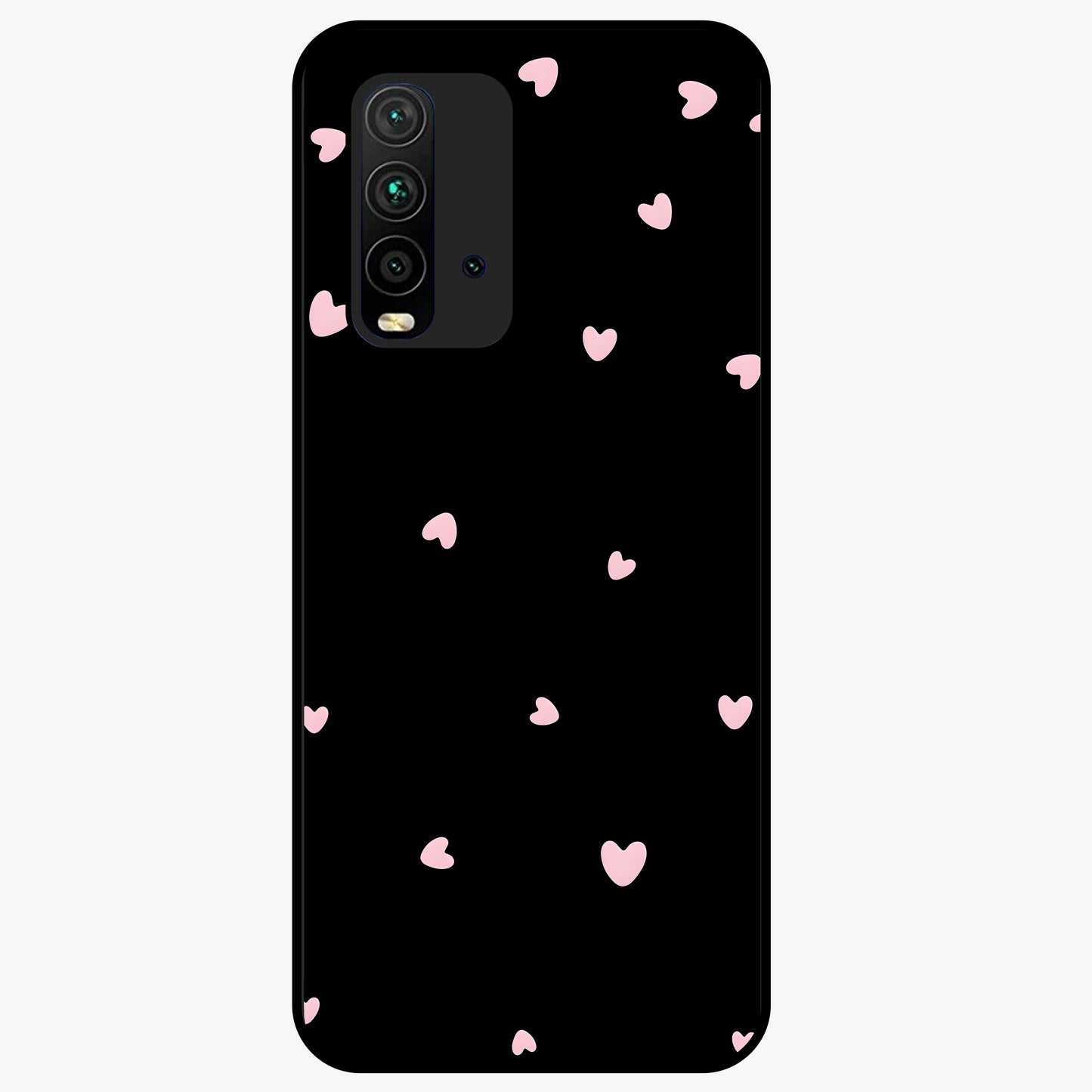 Pink Love Drops Glass Case showing flat back view with playful pink heart drops artwork and glossy glass finish.