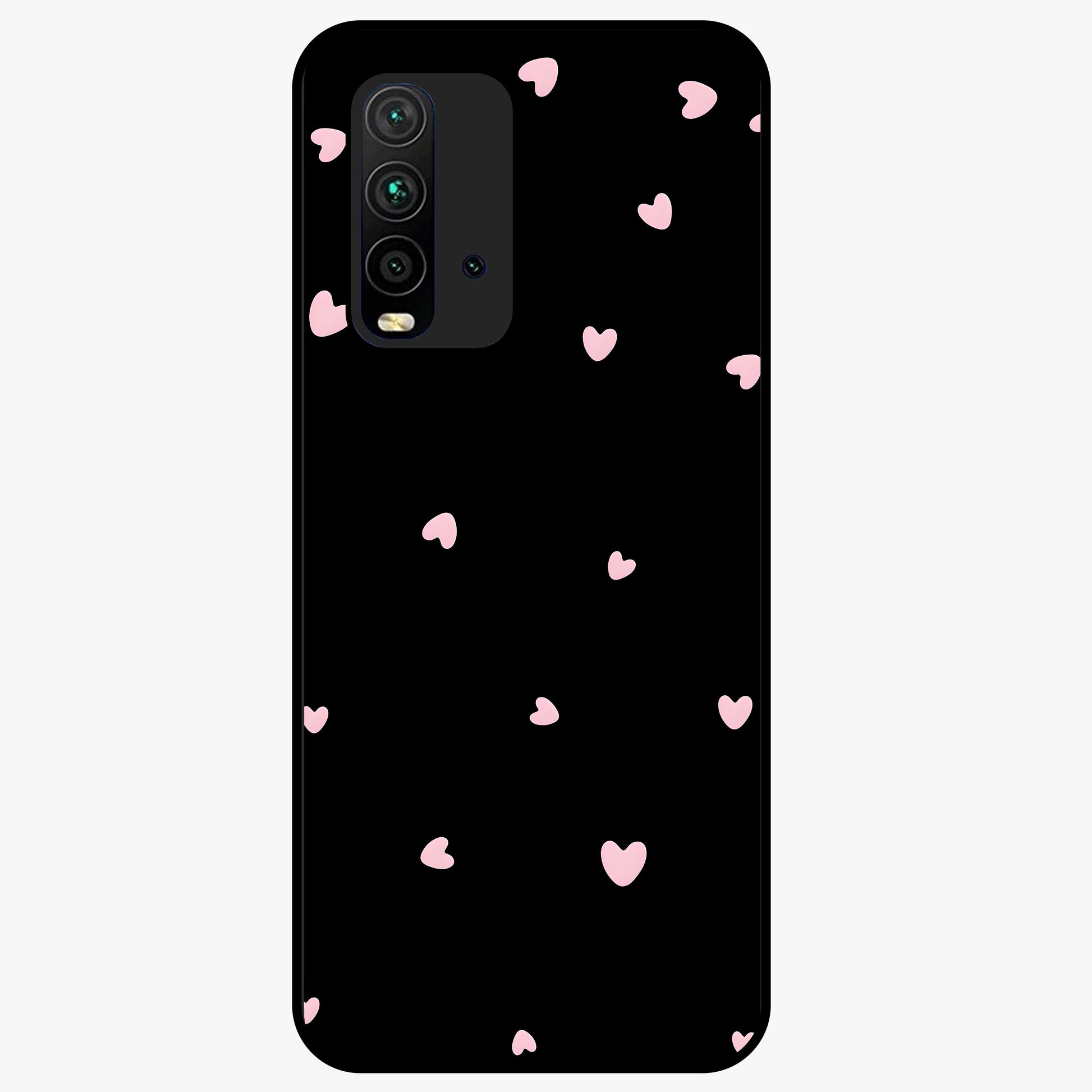 Pink Love Drops Glass Case showing flat back view with playful pink heart drops artwork and glossy glass finish.