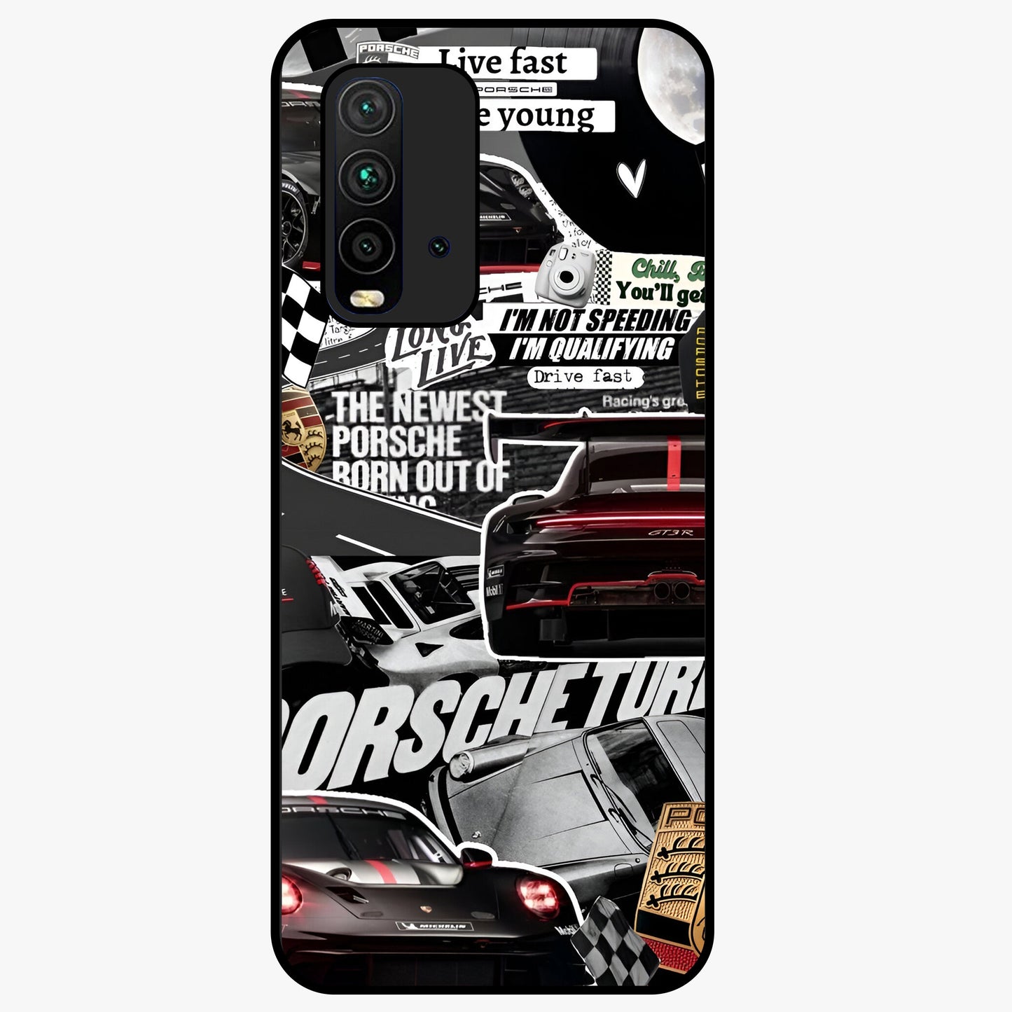 Porsche Racing Collage Glass Case showing flat back view with sports car racing collage artwork and glossy glass finish.
