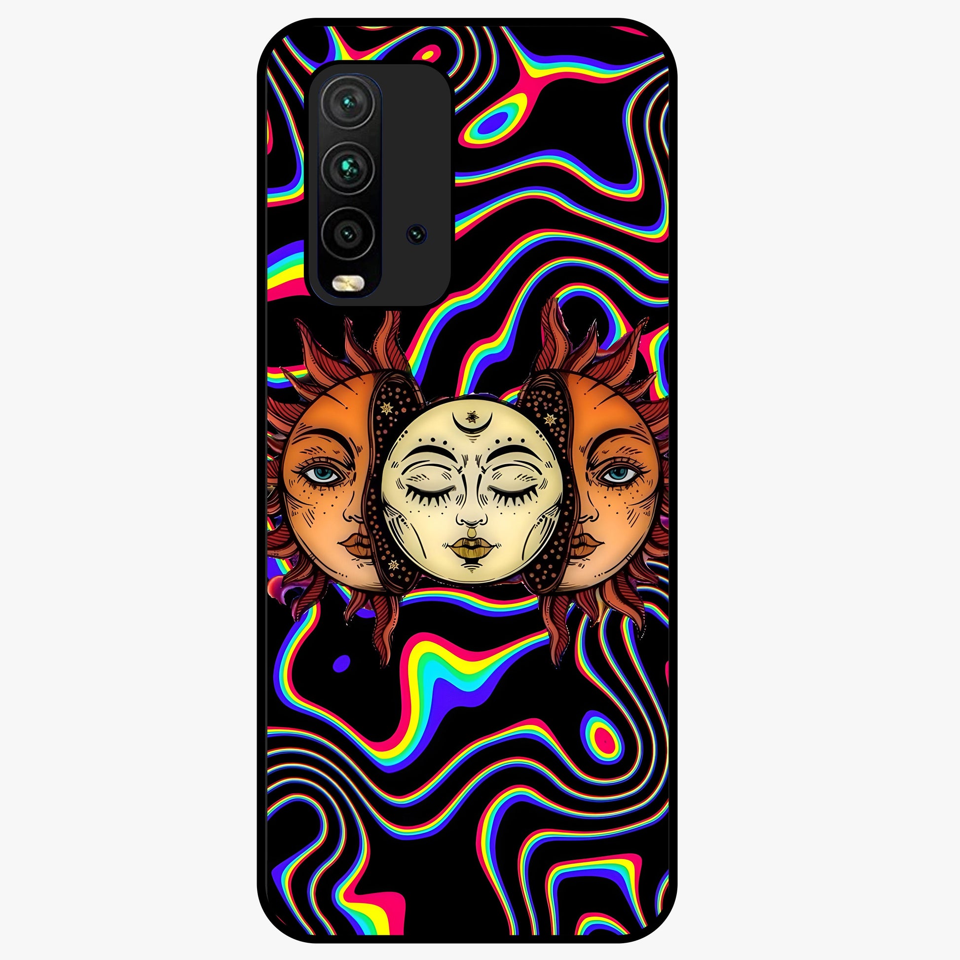 Psychedelic Sun Glass Case showing flat back view with colorful psychedelic sun artwork and glossy glass finish.