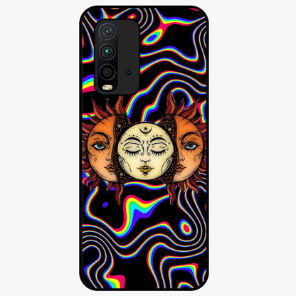 Psychedelic Sun Glass Case showing flat back view with colorful psychedelic sun artwork and glossy glass finish.
