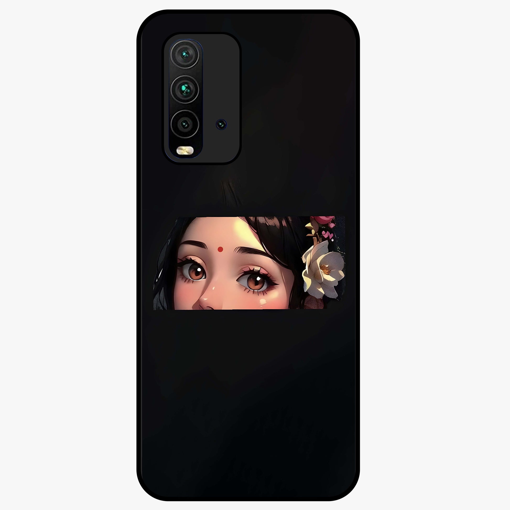 Radha Divine Embrace Glass Case showing flat back view with devotional Radha artwork and glossy glass finish.