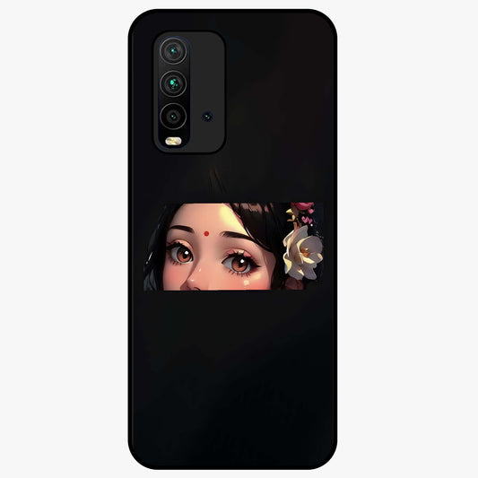Radha Divine Embrace Glass Case showing flat back view with devotional Radha artwork and glossy glass finish.