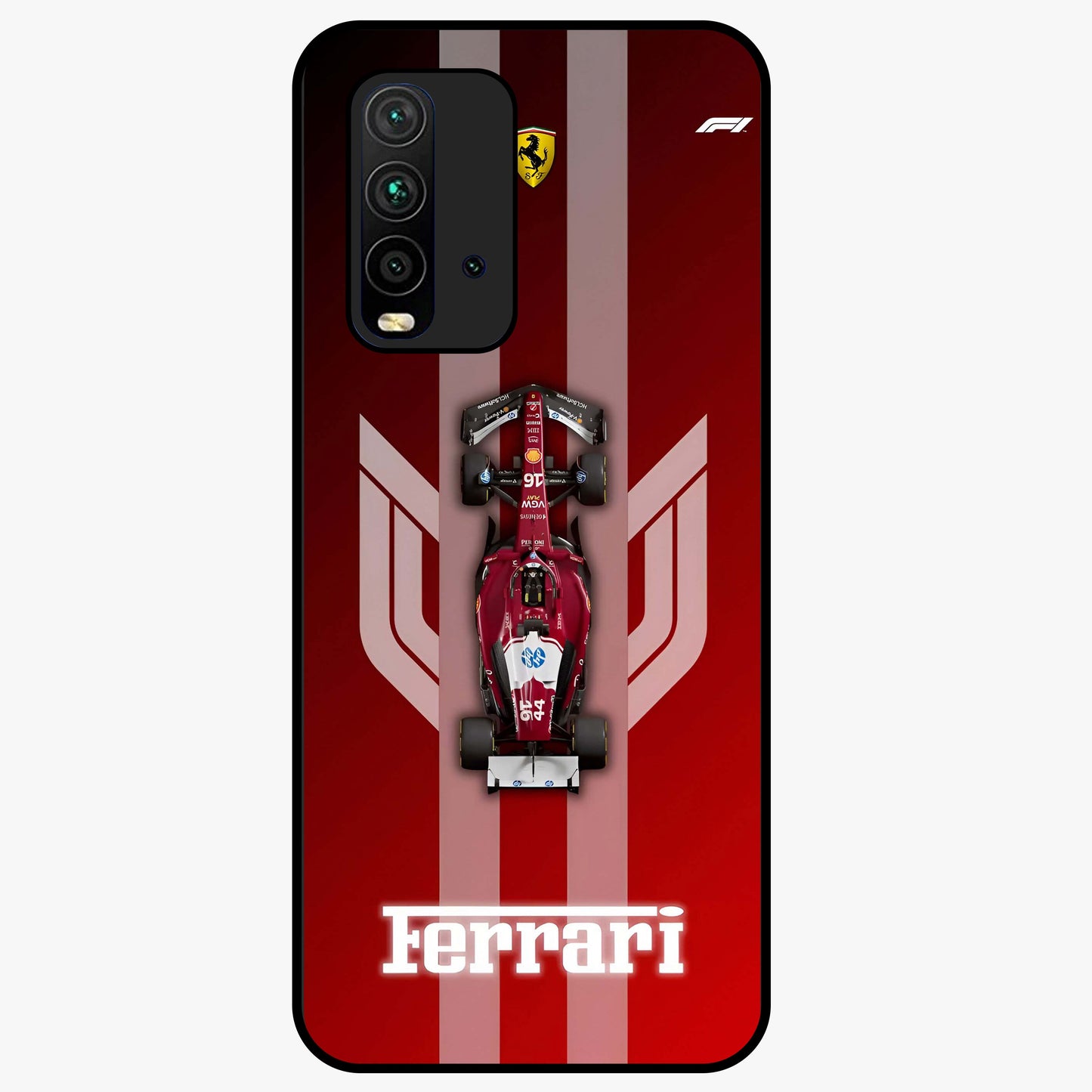 Red Ferrari F1 Vertical Glass Case showing flat back view with sleek Formula racing car artwork and glossy glass finish.