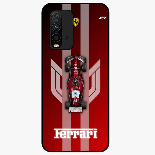 Red Ferrari F1 Vertical Glass Case showing flat back view with sleek Formula racing car artwork and glossy glass finish.