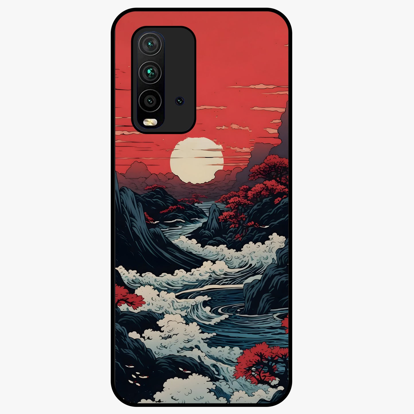 Red Sunset Scenery Glass Case showing flat back view with vibrant sunset landscape artwork and glossy glass finish.