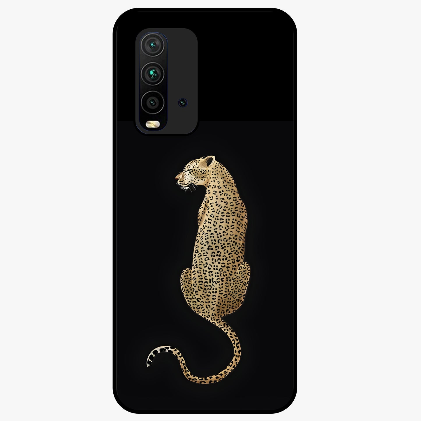 Regal Leopard Glass Case showing flat back view with bold leopard artwork and glossy glass finish.