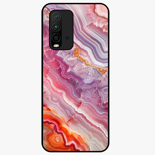 Rose Quartz Marble Glass Case showing flat back view with pink marble quartz texture artwork and glossy glass finish.