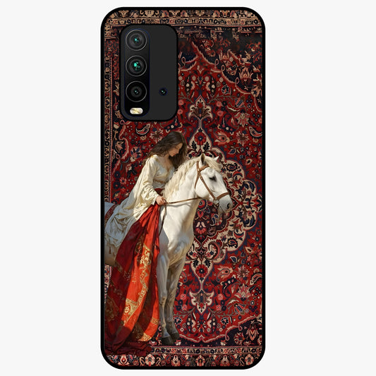 Royal Rider Tapestry Glass Case showing flat back view with majestic horse rider tapestry artwork and glossy glass finish.