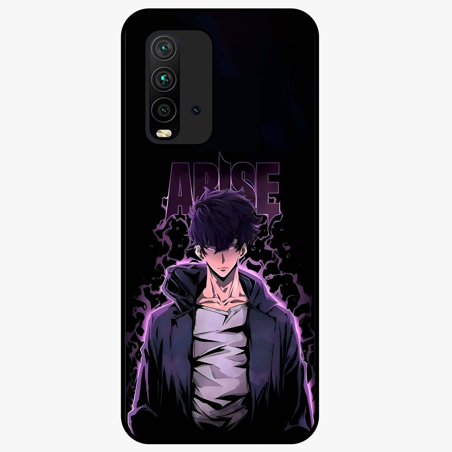 Shadow Monarch Awakening Glass Case showing flat back view with powerful dark monarch themed artwork and glossy glass finish.