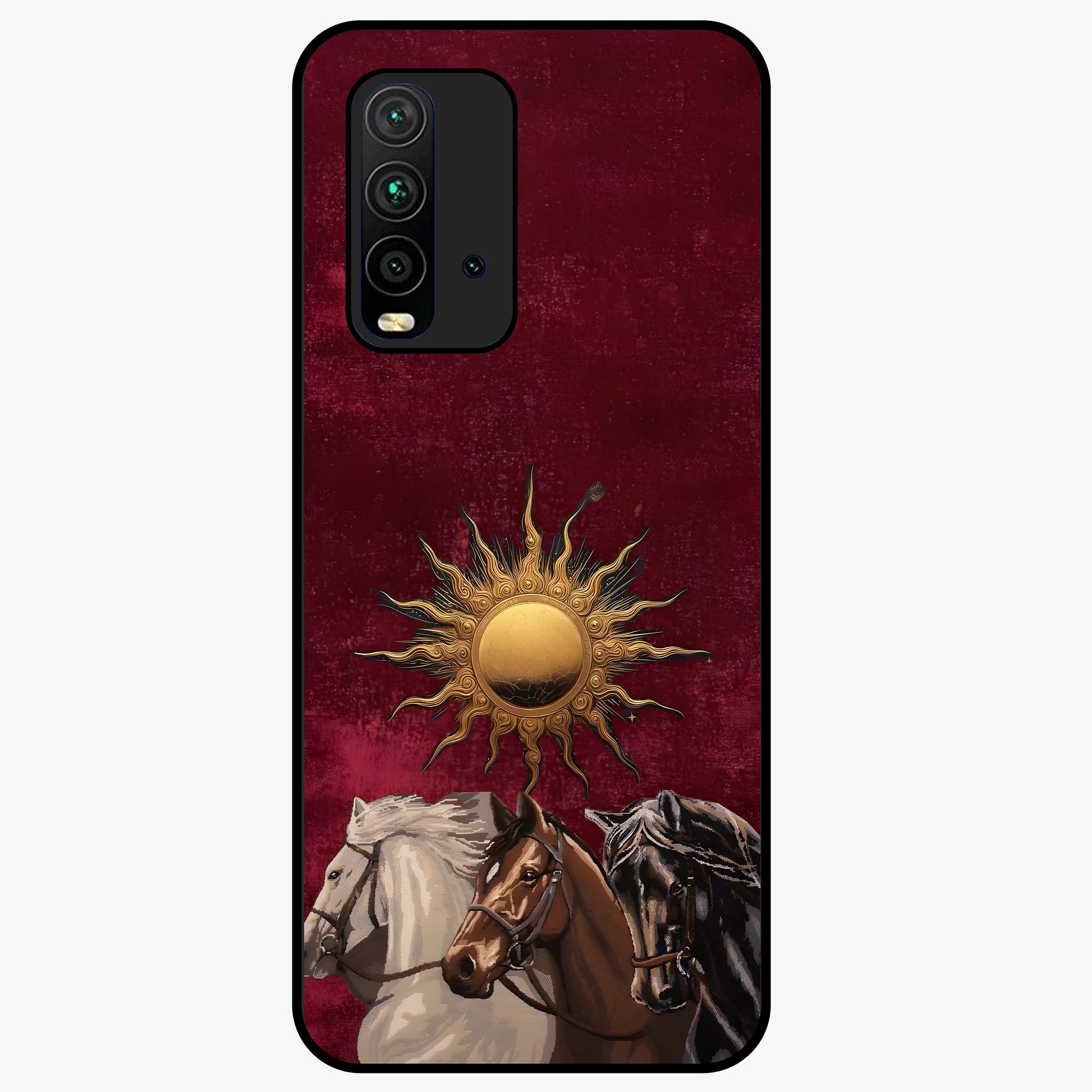 Solar Riders Glass Case showing flat back view with dynamic rider themed artwork and glossy glass finish.