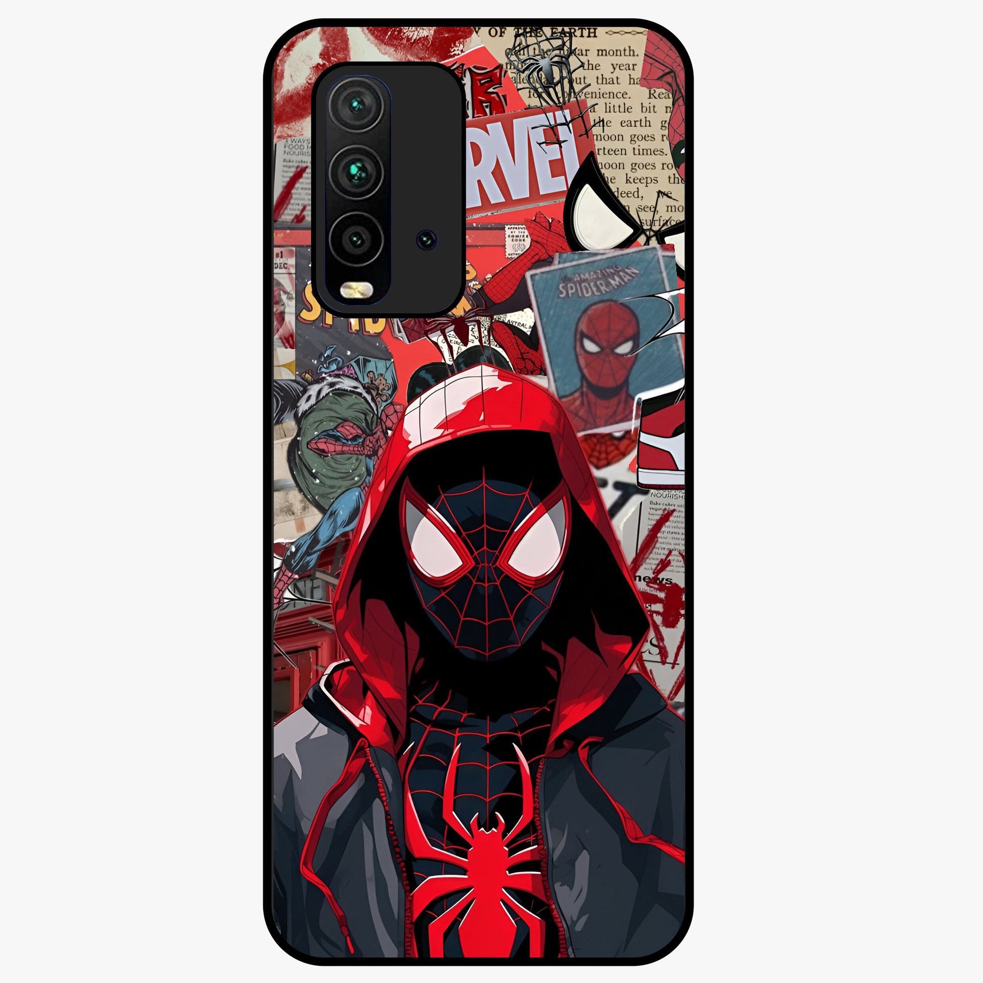 Spider Collage Street Glass Case showing flat back view with vibrant superhero collage artwork and glossy glass finish.