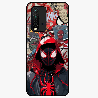 Spider Collage Street Glass Case showing flat back view with vibrant superhero collage artwork and glossy glass finish.