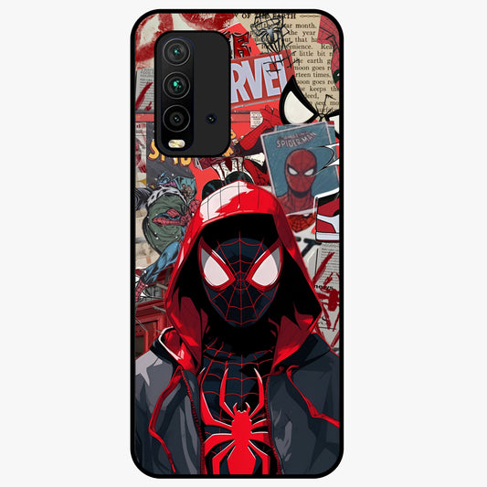 Spider Collage Street Glass Case showing flat back view with vibrant superhero collage artwork and glossy glass finish.