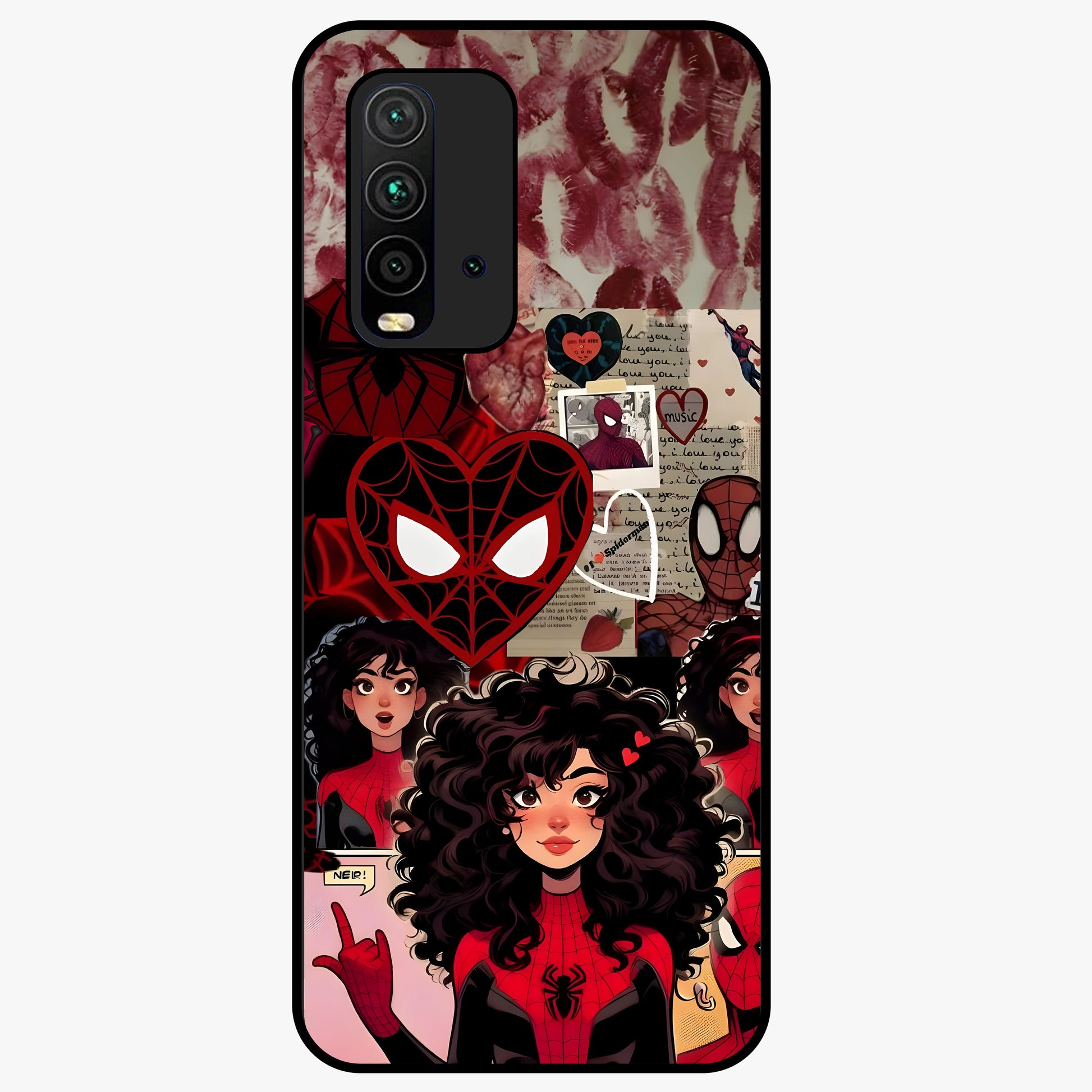 Spider Love Story Glass Case showing flat back view with romantic superhero themed artwork and glossy glass finish.