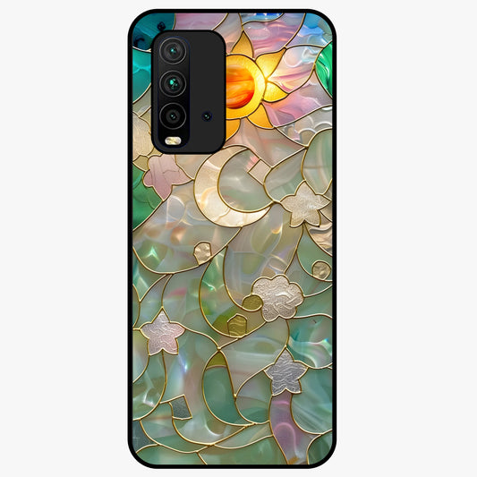 Stained Sunrise Glow Glass Case showing flat back view with glowing sunrise stained pattern artwork and glossy glass finish.