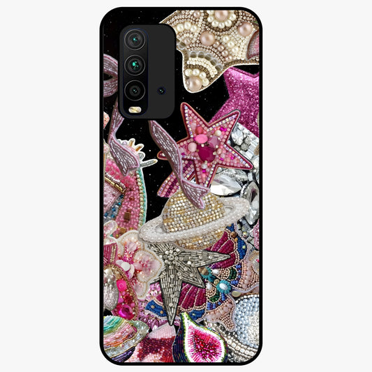 Starlit Jewel Dream Glass Case showing flat back view with sparkling jewel and star themed artwork and glossy glass finish.