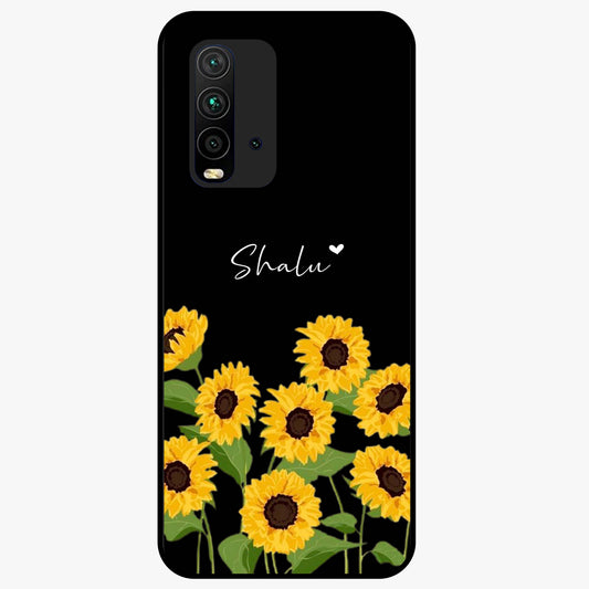 Sunflower Chic Mood Custom Name Glass Case showing flat back view with stylish sunflower artwork and personalized name design.
