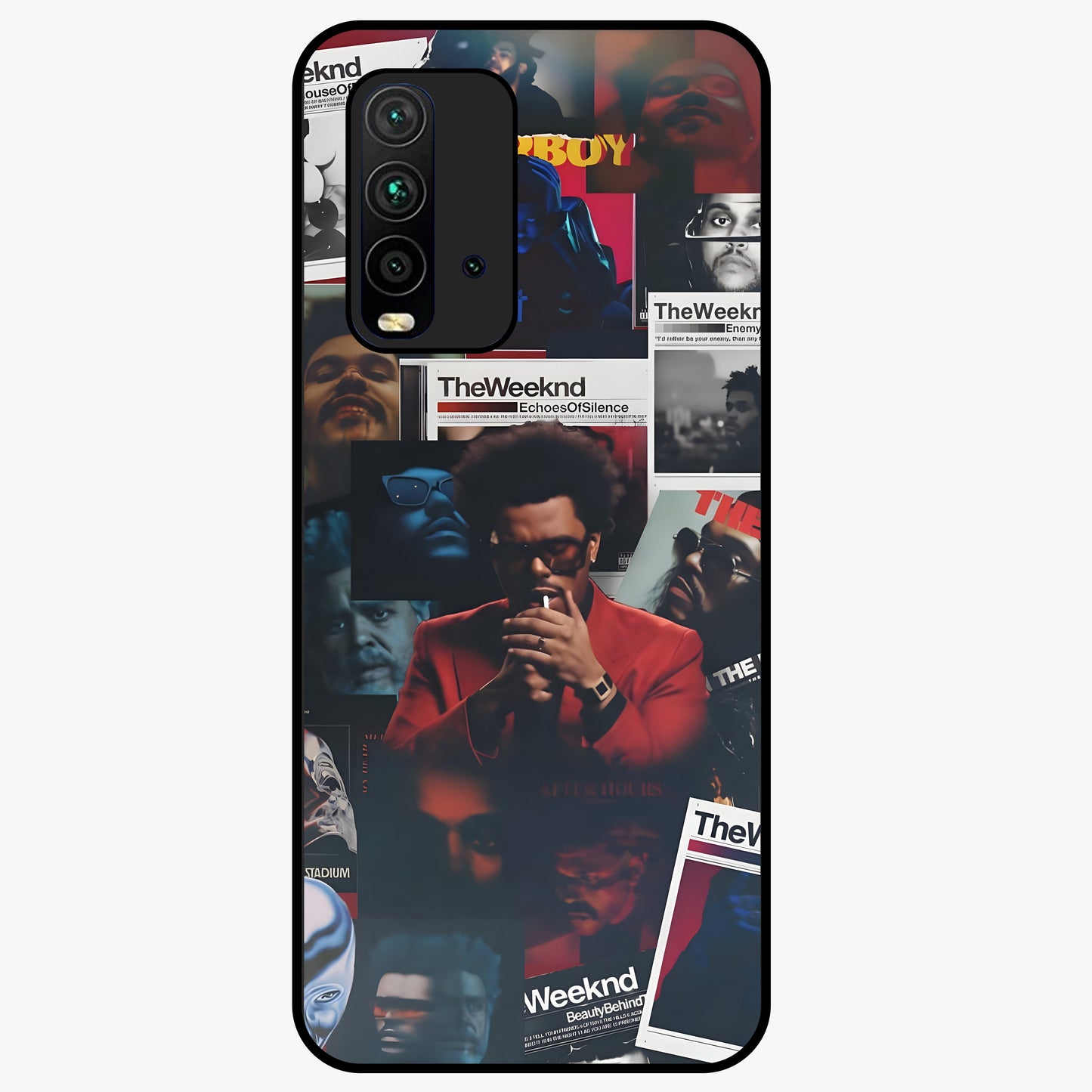 The Weeknd Glass Case showing flat back view with music inspired artistic portrait artwork and glossy glass finish.